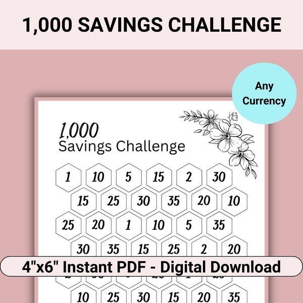 1,000 Savings Challenge, 1K Challenge Fits A6 Budget Binder, Use With Savings Challenge Envelope System, 1k Saving Challenge Emergency Fund