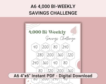 4K Savings Challenge Bi Weekly Printable, A6 4000 Biweekly
