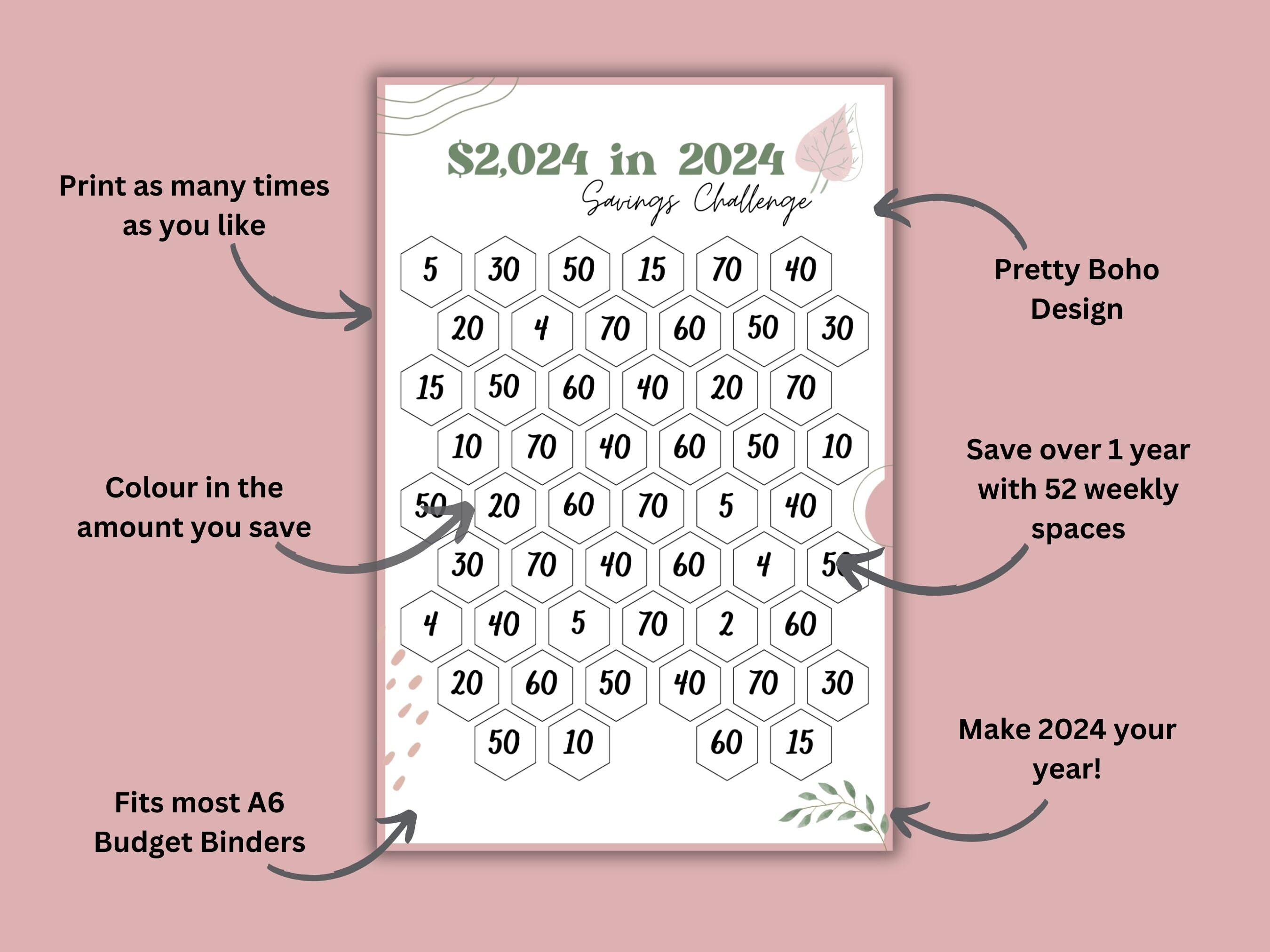 Save 2024 in 2024 Savings Challenge Printable, 52 Week Challenge, A6