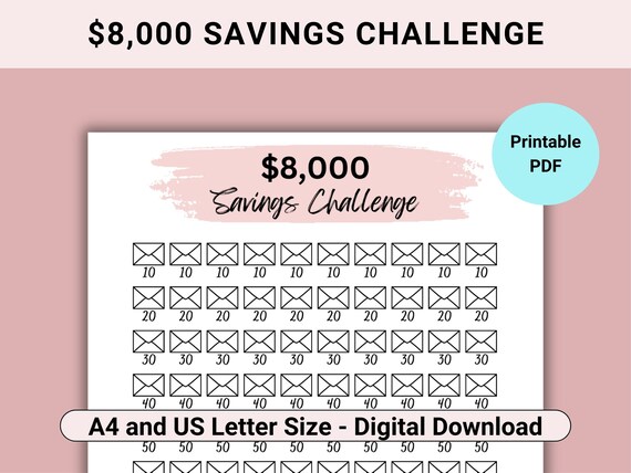 8K Savings Challenge Printable, 8K Challenge PDF, 100 Envelope