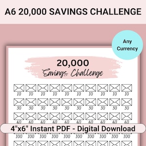 20K Savings Challenge Printable, 20k Challenge Fits A6 Budget Binder, 20000 Savings Challenge Envelope, 20k Savings Challenge Binder Prints