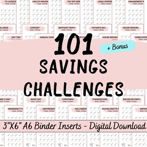 101 A6 savings challenge bundle on a pink background. The text digital download beside the printable.