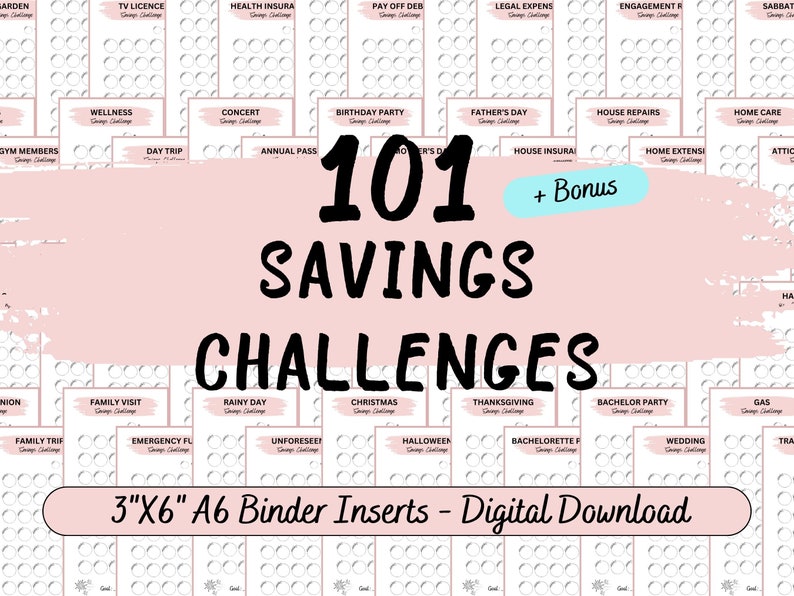 101 A6 savings challenge bundle on a pink background. The text digital download beside the printable.