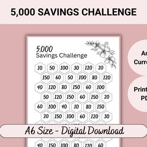 5,000 Savings Challenge PDF, 5k Challenge Fits A6 Budget Binder, Use With 5k Savings Challenge Envelopes, 5k Savings Challenge Binder Prints