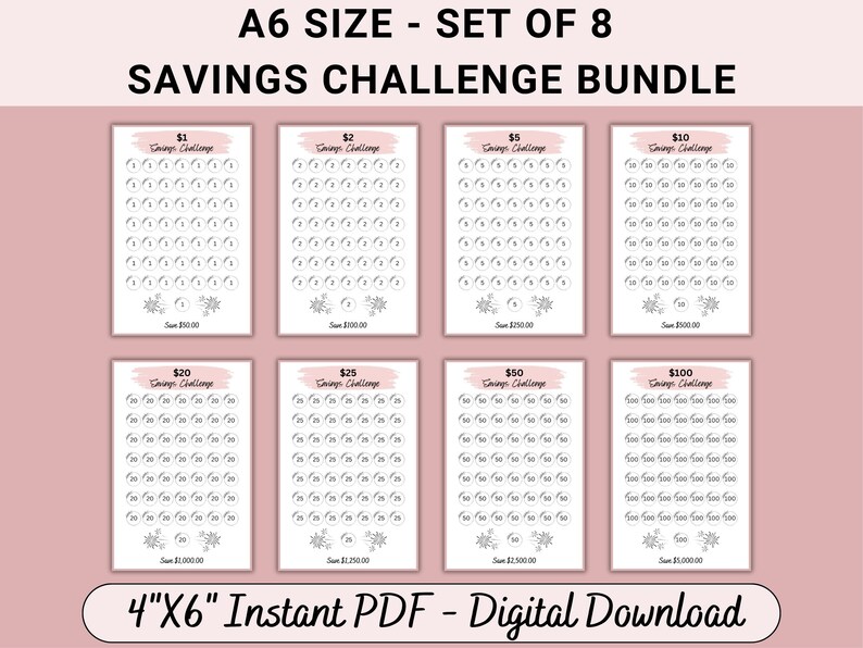 A6 Savings Challenge Printable Bundle Set of 8, Savings Tracker Fits A6 ...