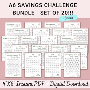 A6 Savings Challenge Printable, Boho Saving Challenge Bundle Set of 20, Mini Saving Challenge Trackers Plus Bonus 52 Week Challenge