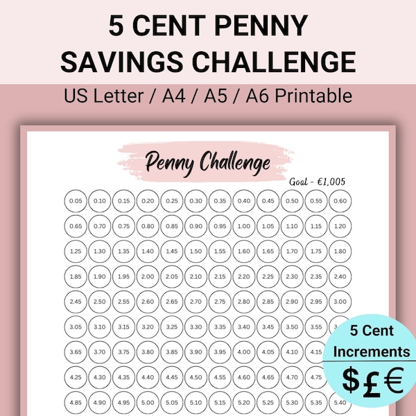 5-Cent-Cent-Penny-Spar-Challenge zum Ausdrucken, 365-Tage-Penny-Sparkarte, 5-Cent-Spar-Challenge, Geldspar-Challenge-druckbar, Mini-Ersparnisse