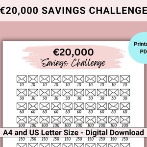 20000 Savings Challenge Printable, 20K Challenge PDF,  100 Envelope Challenge, 20K Savings Challenge Envelope, Euro 20K Savings Tracker