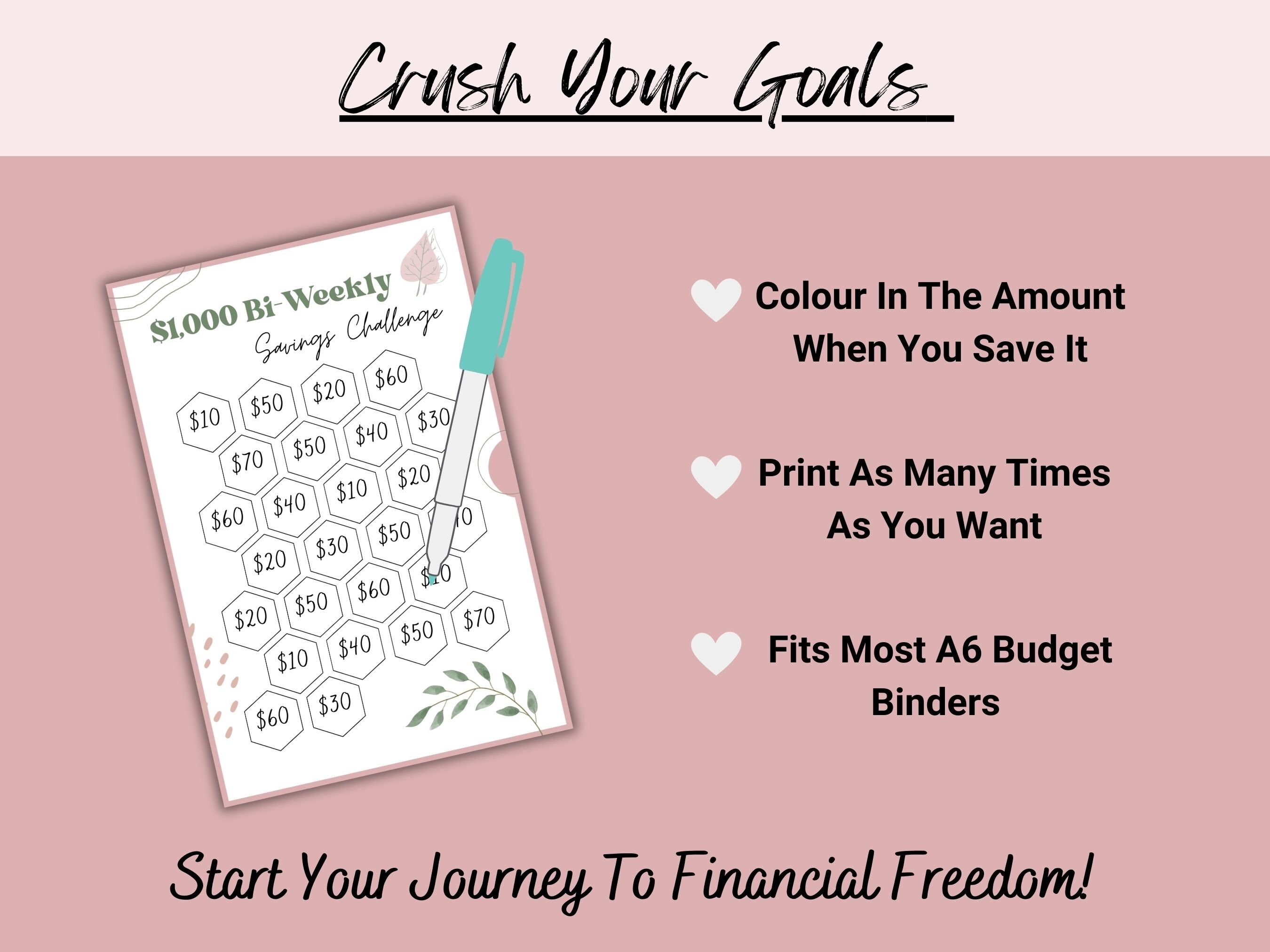 A6 Boho 1000 Biweekly Savings Challenge Print, 26 Weeks
