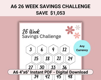 26 Weeks Savings Challenge Printable, A6 26 Week Challenge, 26 Week Saving Challenge, A6 Savings Challenge Can Be used With A6 Budget Binder