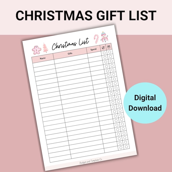 Weihnachtsgeschenkliste druckbare, druckbare Weihnachtsplaner, Weihnachtsgeschenkliste PDF, Weihnachtseinkaufsvorlage, Weihnachtscheckliste