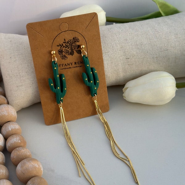 Cactus Earrings (Multiple Options)- Handmade PolymerClay Earrings. Cactus studs, cactus dangles, gold fringe cactus earrings & floral cactus