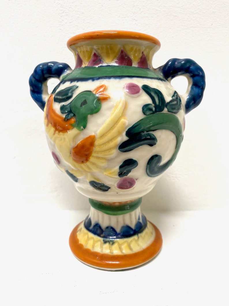 Vintage Moriyama 6 Floral Birds Vase Double Handles Ceramic Made in Japan zdjęcie 1