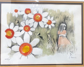 Israeli Artist Ben Menashe, Lithograph of Hand Washed Colored Pencil Sketch of Girl with Daisies and Grass