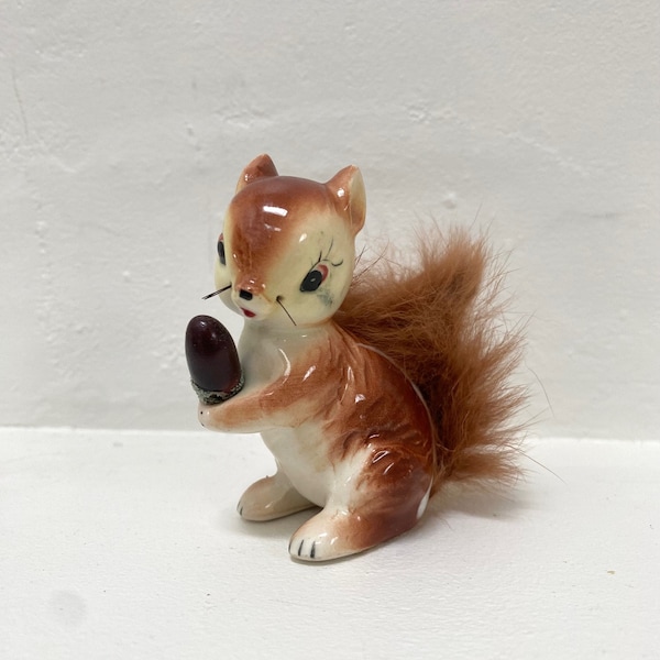 Vintage Kitsch MCM Squirrel/Chipmunk Figurine with Acorn, Furry Tail, Eyelashes, Japan, Forest, Cottagecore, Kitschy, Woodland
