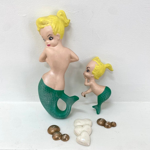 Vintage Ceramic Mermaid Wall Décor, Bubbles, Hearts, MCM, Kitsch, Mid Century, Gold, Iridescent, Wall Plaques, Cheeky, Blonde, Lusterware