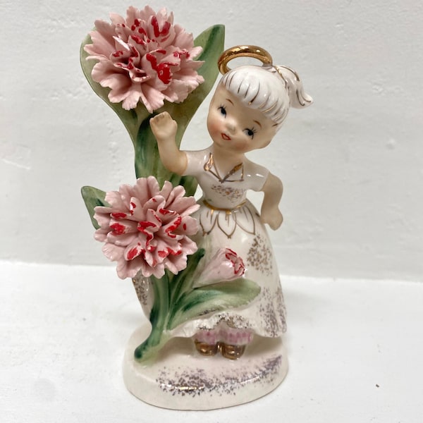 Vintage Lefton May Angel Figurine 985 Girl Pink Flowers Gold Speckled Pink Bloomers Halo, MCM, Mid Century, 1950s