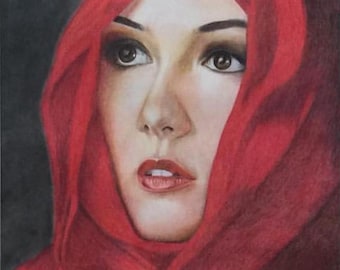 Porträttteckning av kvinna i rött, färgpennakonst, realistisk, elegant väggdekoration (45 x 60 cm)