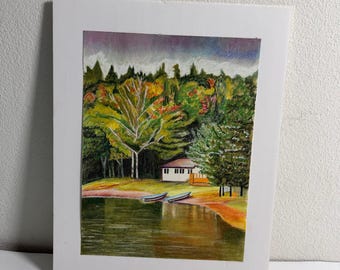 Lakeside Landscape Pastel Drawing, Nature Cottage Art, Scenic Wall Decor, Handmade Artwork on Paper 12x16 Inch