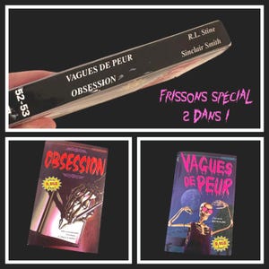 May include: A collection of French-language horror books. The top book's spine reads "Vagues de Peur Obsession" by R.L. Stine and Sinclair Smith. The cover of one book features a skeleton with sunglasses. The text "Frissons Special 2 Dans!" is also visible.