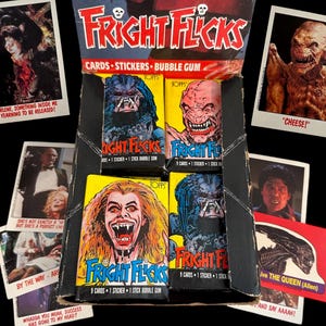 Collectible Fright Flicks TOPPS Cards pack: 9 cards and 1 sticker per pack (Plus a way too old bubble gum, don't try this at home!). 1988