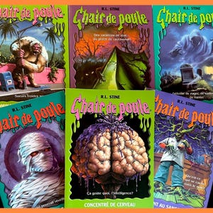 Puede incluir: Una colección de seis libros "Chair de Poule" de R.L. Stine, con portadas vibrantes que ilustran criaturas espeluznantes. Las portadas muestran monstruos, momias y otras figuras inquietantes, con títulos en francés.