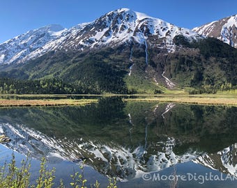 May include: A snow-capped mountain range rises above a calm lake, creating a clear reflection in the water. The landscape features green forests at the base of the peaks and a bright blue sky. The text MooreDigitalAK is visible in the corner.