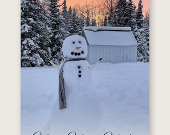 May include: A snowman stands in a snow-covered field with a scarf, twig arms, and dark stone features. In the background, a small white shed sits before a forest under a sunset sky. The text reads: Warm Winter Wishes FROM ALASKA.