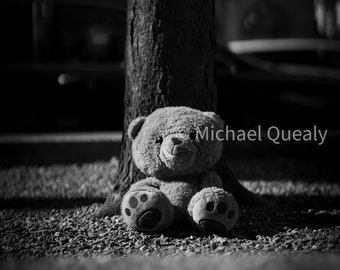 Orsacchiotto perduto - Fotografia di orsacchiotto in bianco e nero, download digitale ad alta risoluzione, arte della parete stampabile di animali di peluche nostalgici