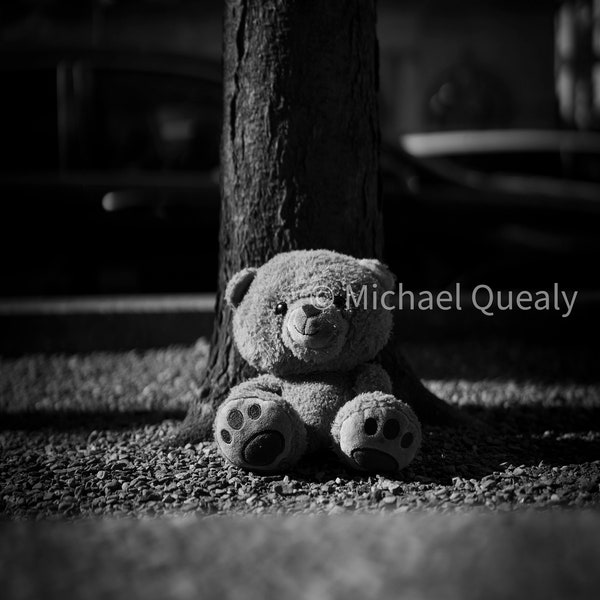 Oso de peluche perdido - Fotografía de peluche en blanco y negro, descarga digital de alta resolución, arte de pared imprimible de animales de peluche nostálgicos