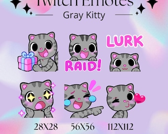 Grijze kat-emoties | Emotebundel voor Twitch, Discord en YouTube | Kawaii Kitty-emoties
