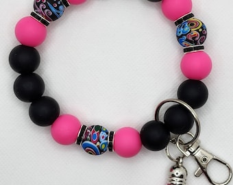 Beaded Wristlet Keychain pink and black