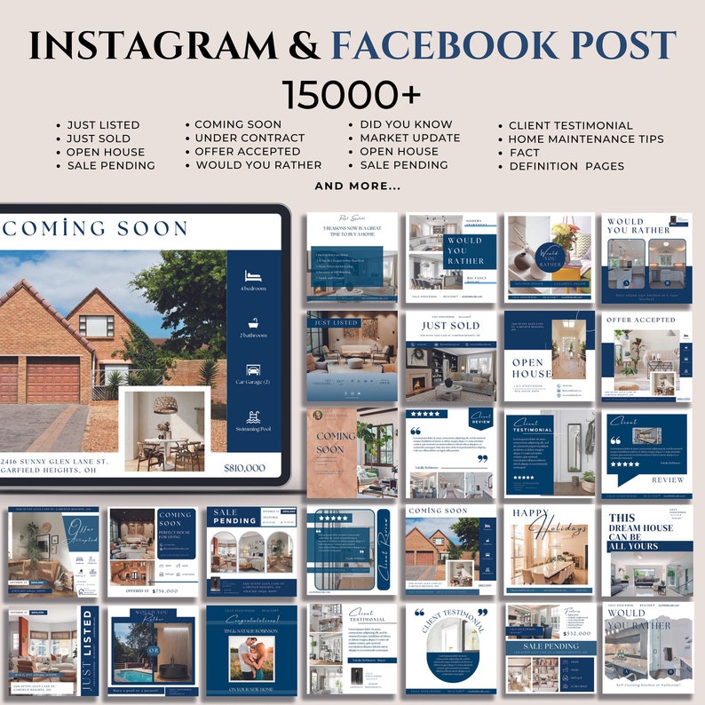 Navy Blue Real Estate Social Media Canva Template, 15000 Realtor