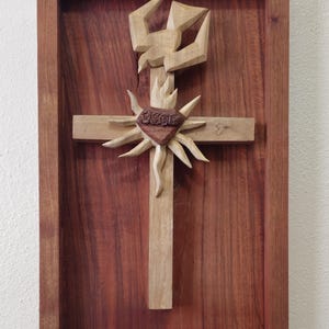 Sacred Art in Wood: Hand-Carved Sacred Heart of Mary | Handmade Sacred Heart Wood Carving