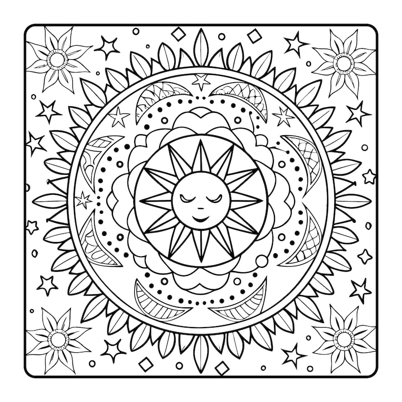 May include: Black and white line art of a square mandala design. The central image is a smiling sun with radiating rays, surrounded by a circle of leaves, moons, stars, and floral elements. The design is suitable for coloring.