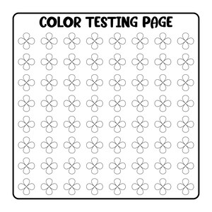May include: A black and white "COLOR TESTING PAGE" with a grid of 72 four-petal flower shapes. The text is in a bold, sans-serif font. The shapes are evenly spaced within a rectangular border.