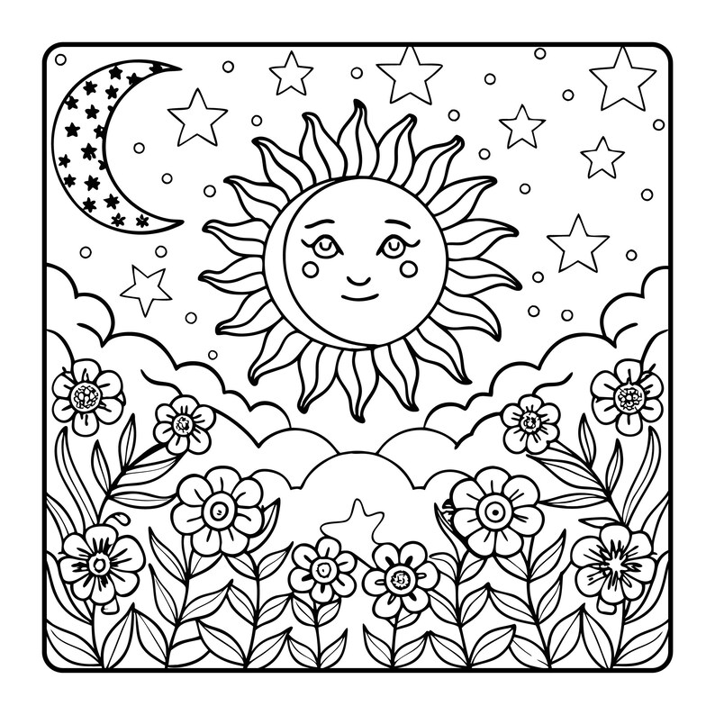 May include: Black and white illustration of a smiling sun with a crescent moon, stars, clouds, and flowers. The sun has a smiling face and is surrounded by rays. The moon is filled with stars. Flowers and foliage are at the bottom.