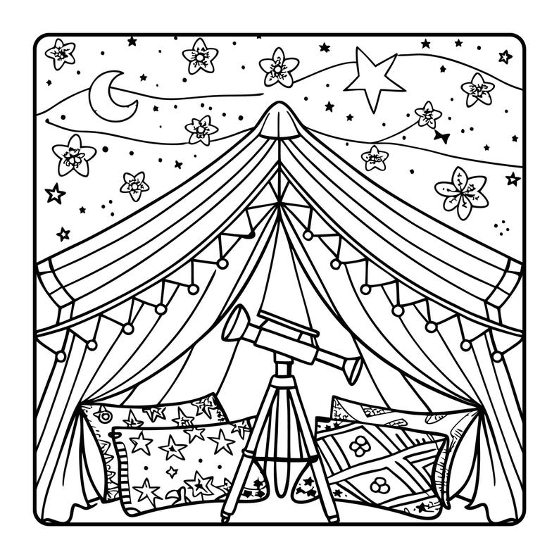 May include: Black and white line art illustration of a tent with a telescope inside. The tent is decorated with stars, flowers, and a crescent moon. Pillows with star and geometric patterns are in the tent.