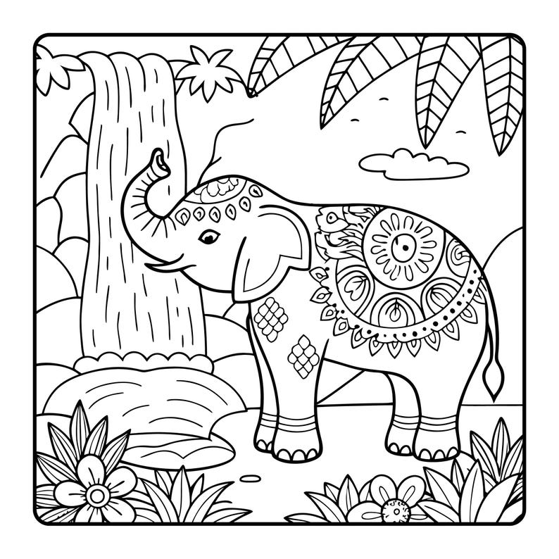 May include: Black and white line art illustration of an elephant with ornate patterns, standing near a waterfall and tropical foliage. The elephant has detailed designs on its body, with flowers and plants in the foreground.