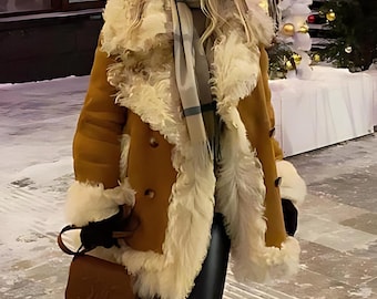 Abrigo Shearling Boho de los 70 para Mujeres | Chaqueta Afghan de Cuero Vintage | Trench de Piel de Oveja Marrón | Regalo Ideal