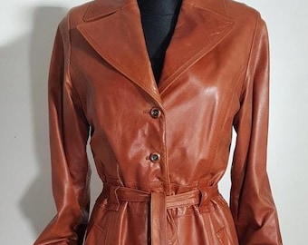 Vintage 70 Brown Leather Trench Coat for Women Long Belted Double-Breasted Genuine Leather Jacket Soft Spring Boho Maxi Overcoat Retro Style