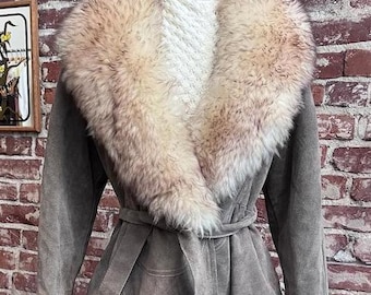 Vintage 70s Penny Lane Coat: Grey Suede Afghan with Shearling Fur Collar