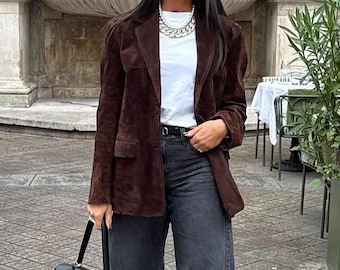 Vintage Brown Suede Leather Jacket Women Genuine Suede Blazer 70s Western Boho Real Leather Coat Chocolate Brown Retro Suede Jacket