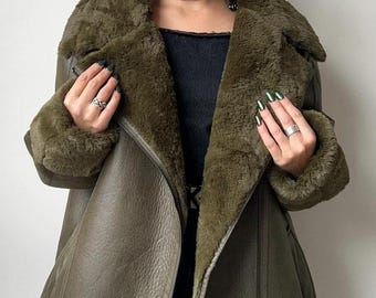 Damen Grüne Jacke Lammfelljacke B3 Bomberjacke Aviatorjacke Shearlingjacke Winterjacke Warme Felljacke Damen