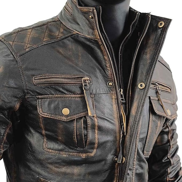 Men’s Motorcycle Biker Vintage Distressed Brown Cafe Racer Real Leather Jacket, Handmade Leather Jacket, Cafe Racer Motorcycle Biker Jacket