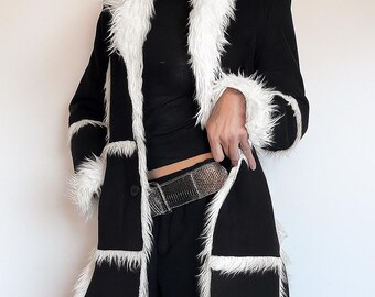 Abrigo Negro Penny Lane Afgano Mujer – Abrigo Largo de Invierno 90s de Ante Piel de Oveja Hecho a Mano Boho Hippie Elegante Regalo