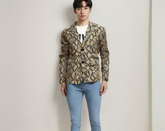 Snakeskin Print Real Leather Jacket - Lapel Collar Mens Fashion