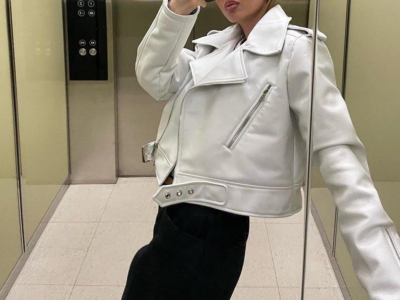 Vintage White Leather Cropped Biker Jacket for Women