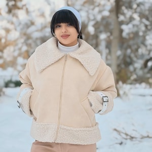 Women's Handmade Suede Shearling Jacket | Vintage Sheepskin Fur Lined Winter Coat | Real Leather Bomber Jacket Warm Boho Gifts for her