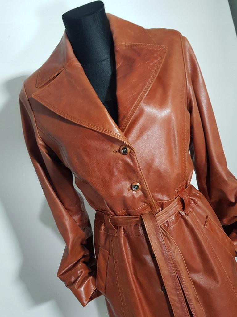 Vintage 70 Brown Leather Trench Coat for Women Long Belted